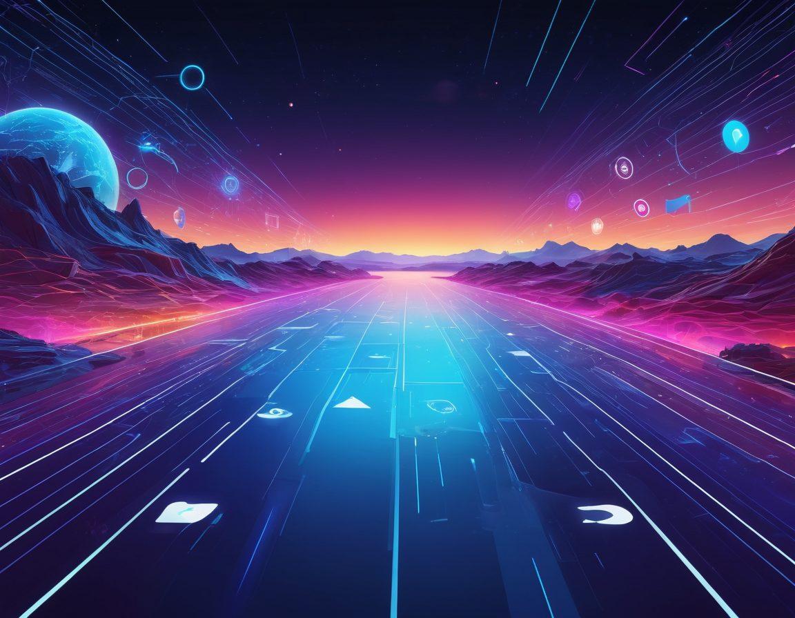 An abstract representation of a digital landscape showcasing various mood icons transforming into navigation symbols, interconnected with flowing lines that mimic the internet's pathways. Include vibrant colors to illustrate different emotions, with a backdrop of stylized digital screens displaying various apps and websites. Enhance the ambiance with soft glowing elements to signify technology and innovation. super-realistic. vibrant colors. 3D.