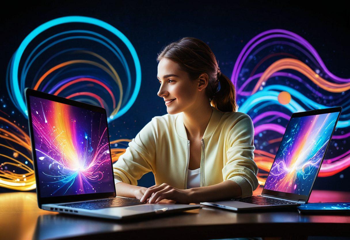 A person joyfully interacting with a laptop, surrounded by colorful visual effects representing emotions like happiness, curiosity, and excitement. The scene should convey a sense of immersion in web surfing, with elements like floating icons, bright animated graphs, and light trails illustrating connectivity. The ambiance should feel warm and inviting, with a blend of digital technology and human emotion. super-realistic. vibrant colors. soft focus.