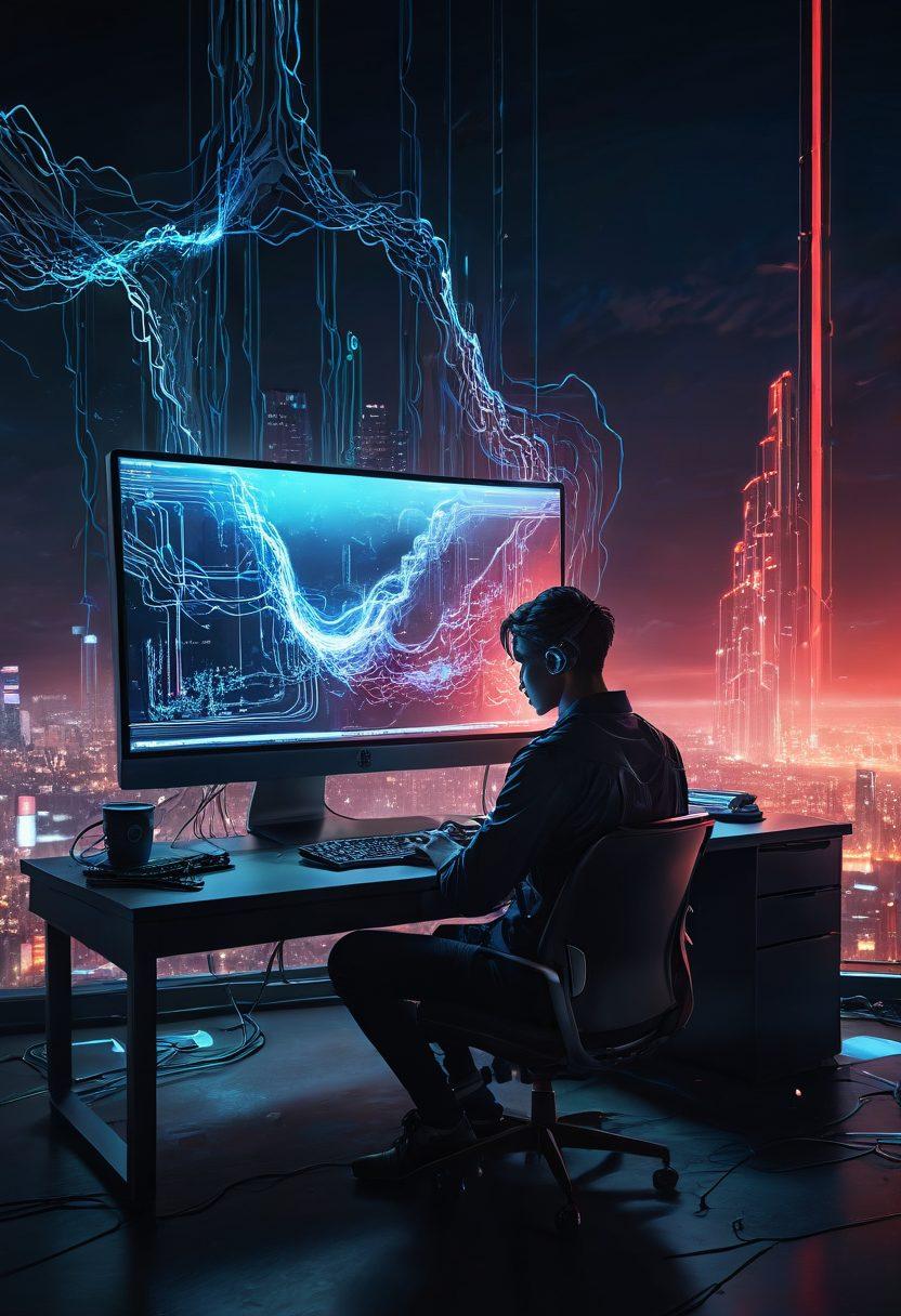 A person sitting at a computer, deep in thought, surrounded by floating symbols of various emotions like joy, sadness, and anger, intertwined with code and digital interface elements. The background features a landscape of softly glowing lines representing data flow and connectivity. The color palette should blend calming blues and vibrant reds to depict emotional contrasts. super-realistic. vibrant colors. cyberpunk.